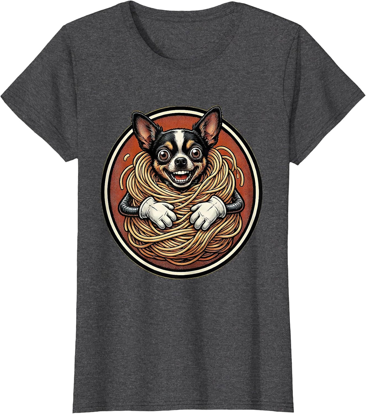 Women's Chihuahua Wrapped in Spaghetti Noodles Crazy Dog T-Shirt - Dark Heather Grey