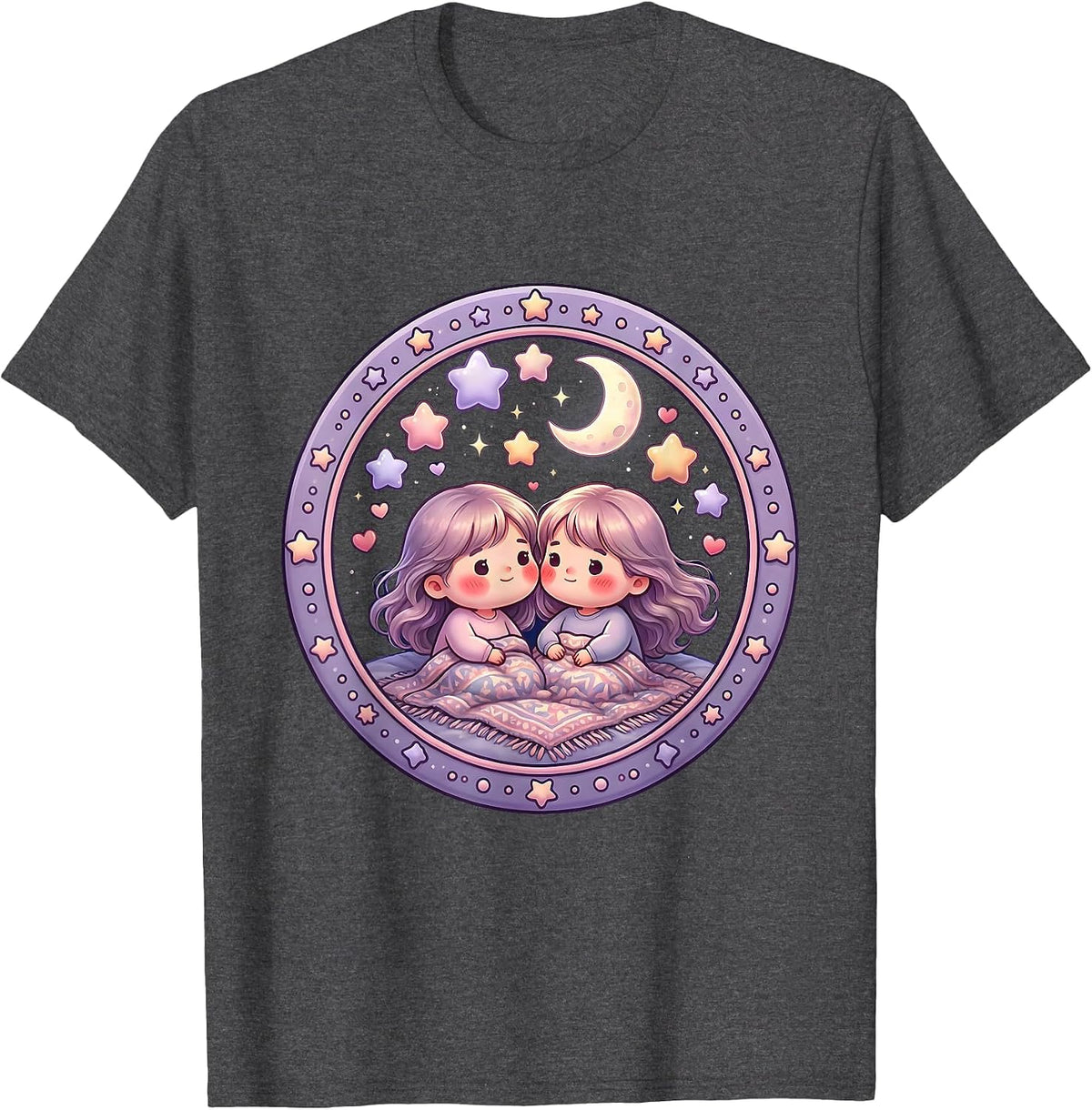 Lesbian Couple Stargazing Night Sky Illustration T-Shirt - Dark Heather Grey