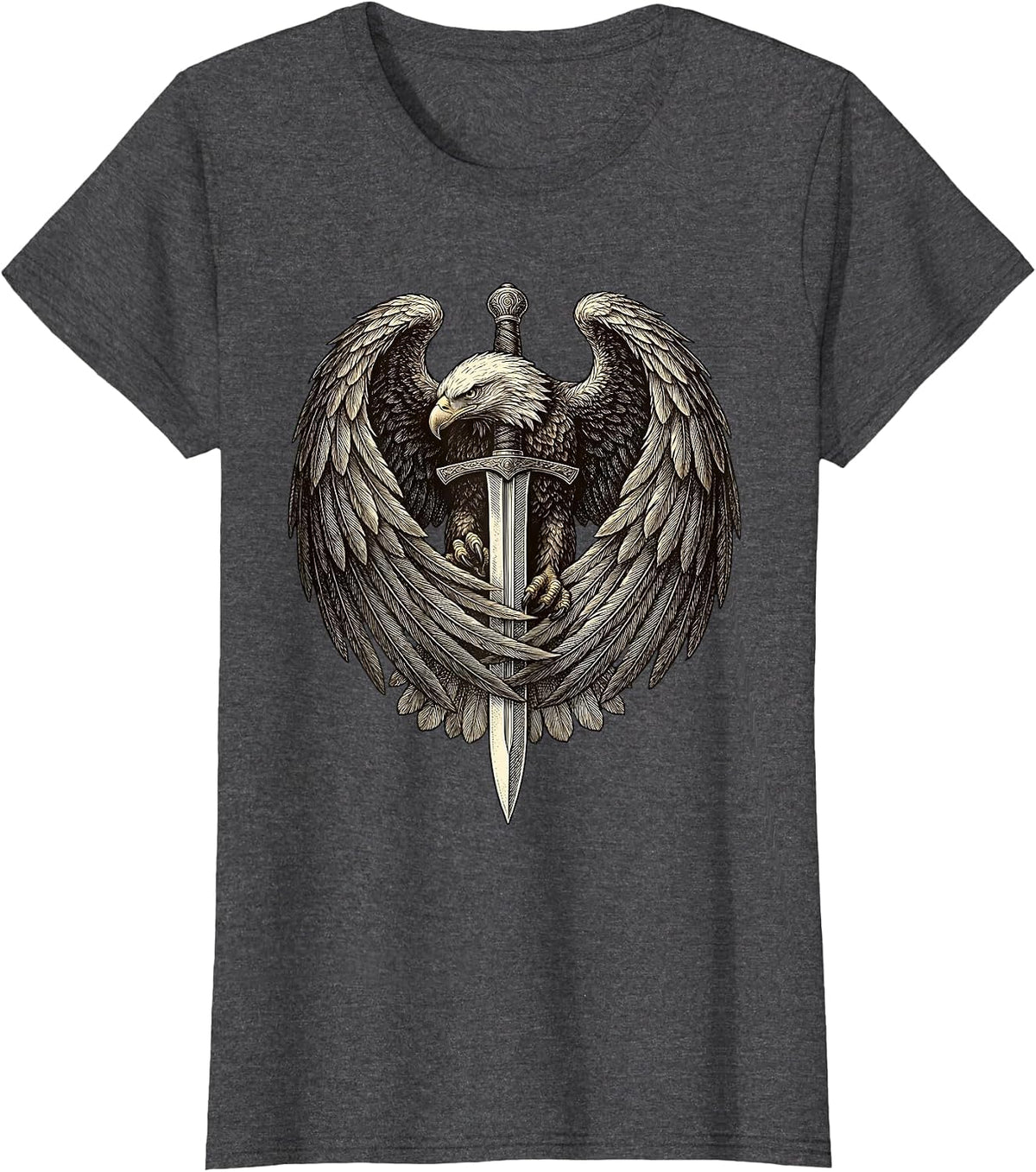 Women's Eagle Wings Dagger Metal Graphic Design T-Shirt - Dark Heather Grey
