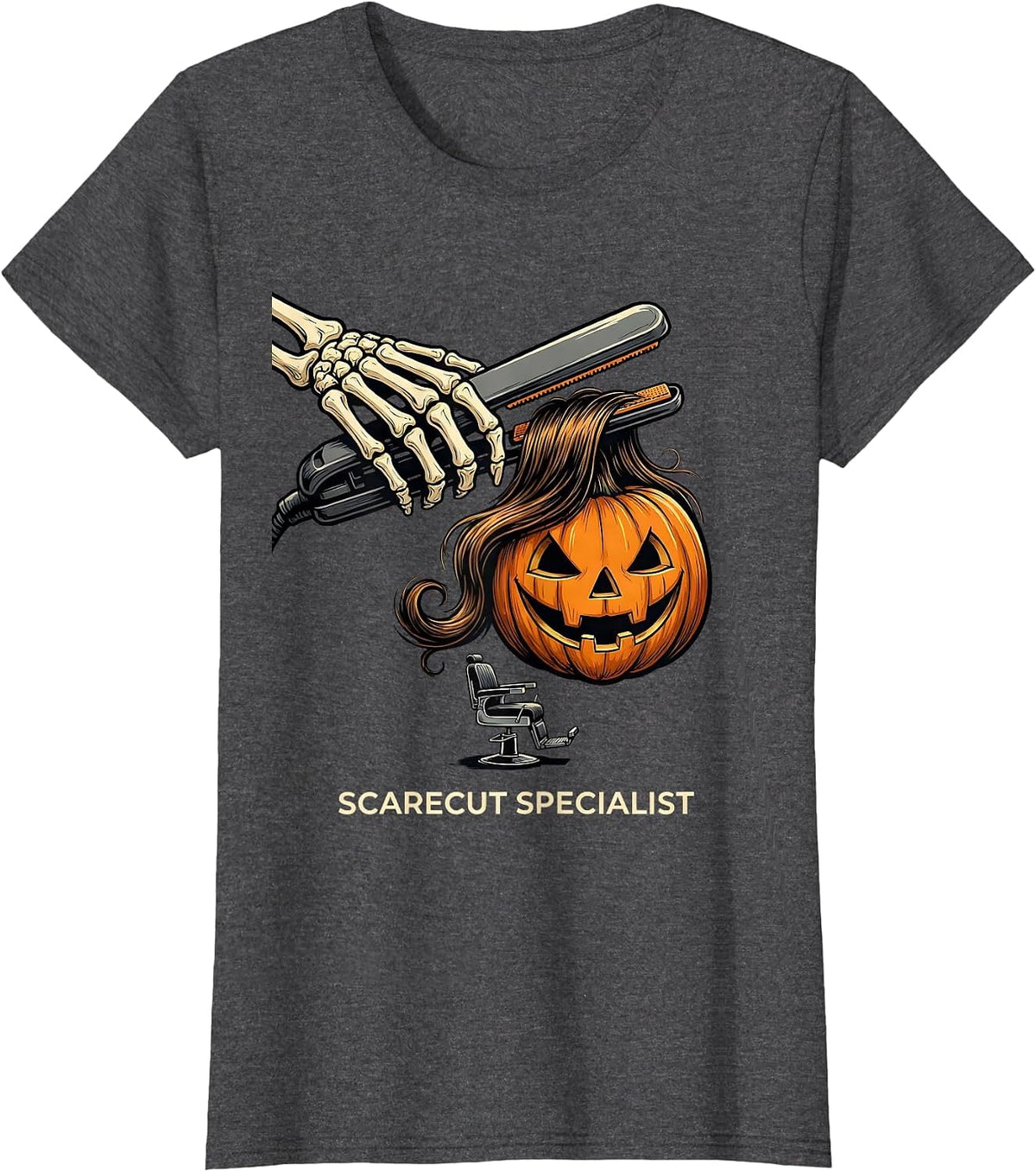 Women's Scarecut Specialist Funny Skeleton Hairstylist Halloween T-Shirt - Dark Heather Grey