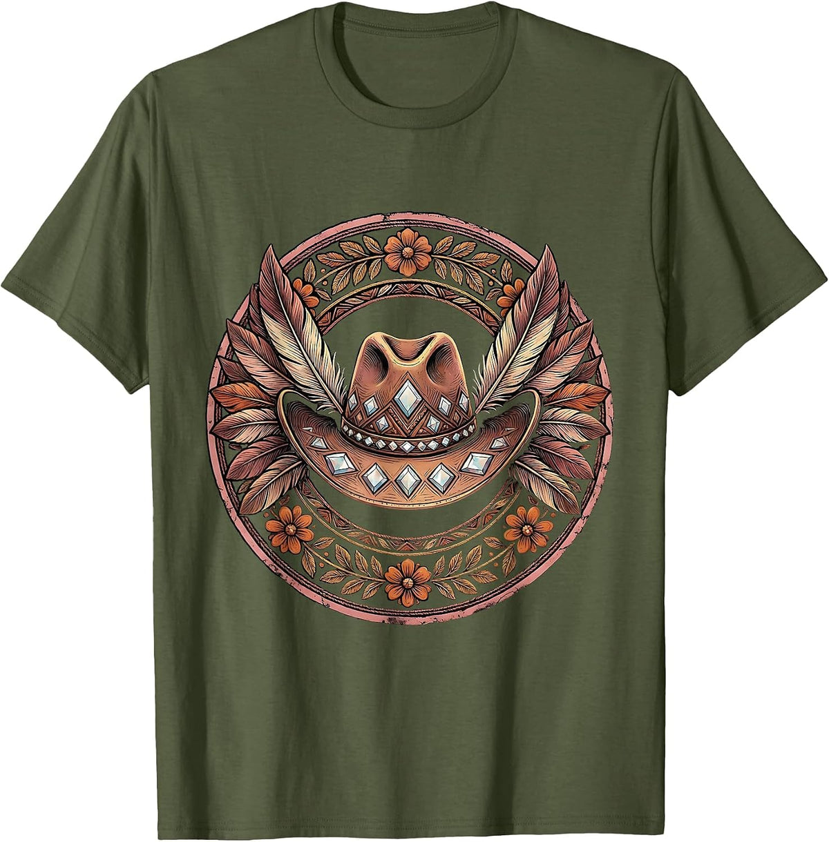 Men's Pink Cowboy Rhinestone Hat with Flamingo Feathers T-Shirt - Olive Green