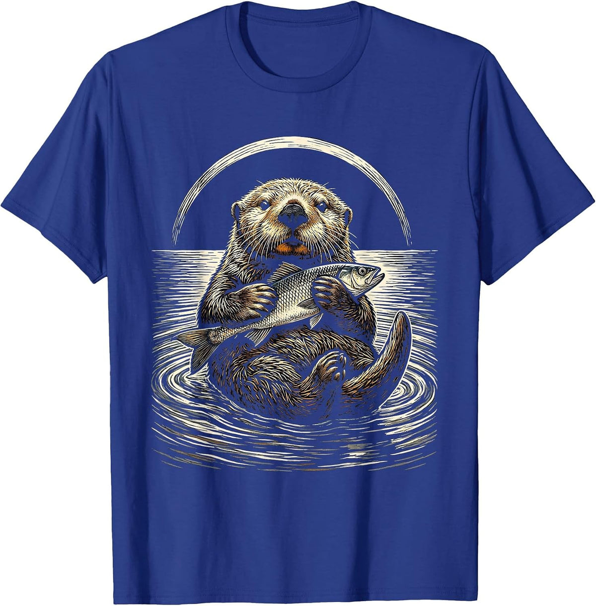 Otter Floating On Back Holding Fish Illustration T-Shirt - Royal Blue