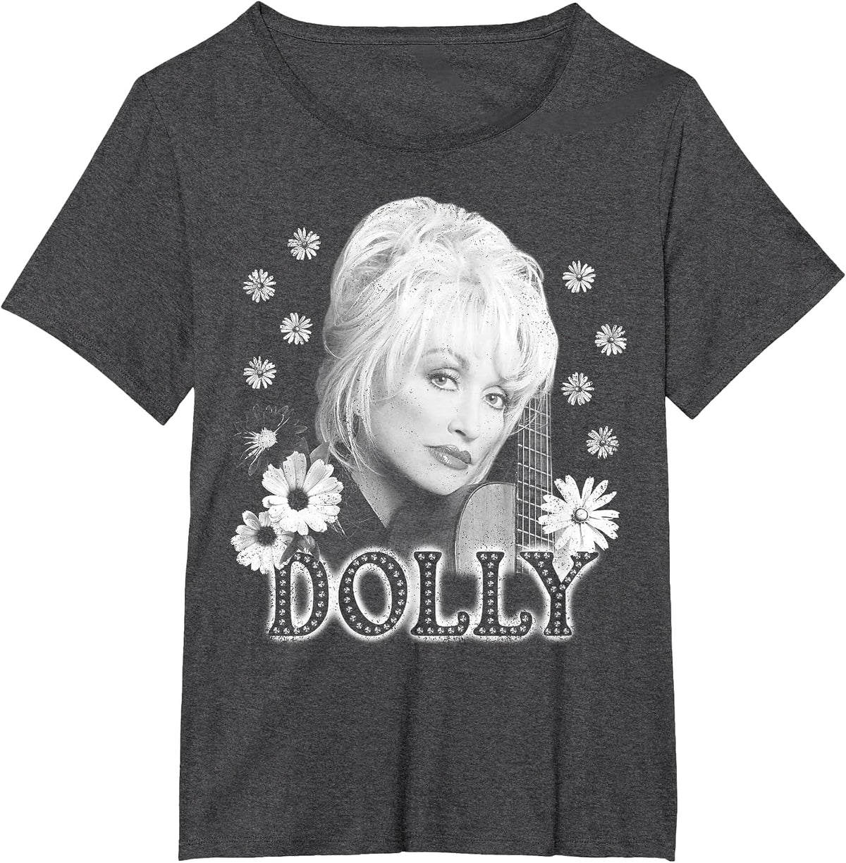 Dolly Parton Dolly Guitar & Flowers Black & White Portrait T-Shirt - Dark Heather Grey