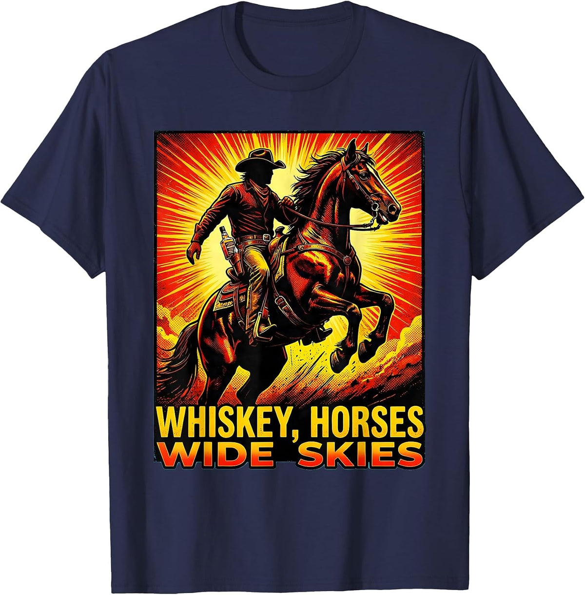 Men's Whiskey Horses Wide Skies Western Design T-Shirt - Navy Blue