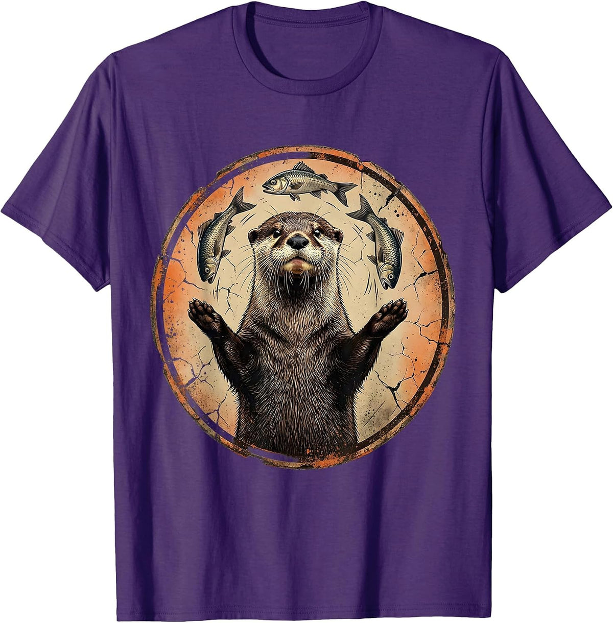 Funny Otter Juggling Fish Graphic Design T-Shirt - Purple