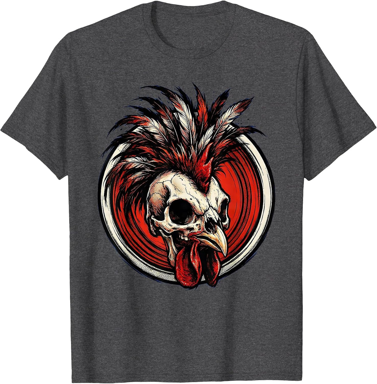 Rooster Skull Feathered Mohawk Dark Art Design T-Shirt - Dark Heather Grey