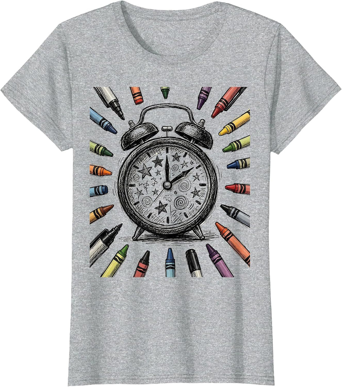 Women's Sped Teacher Alarm Clock Crayons Markers Graphic T-Shirt - Heather Grey