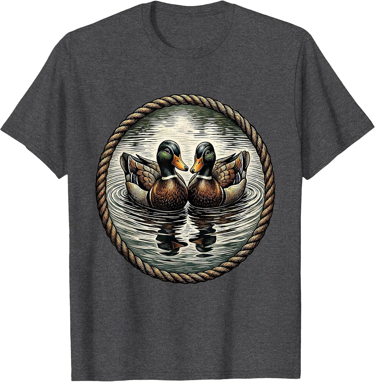 Duck Decoys on Still Water Hunting Illustration T-Shirt - Dark Heather Grey