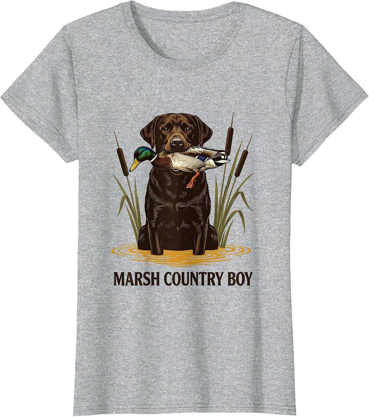 Marsh Country Boy Screenprint Poster Labrador Duck Hunting T-Shirt - Heather Grey