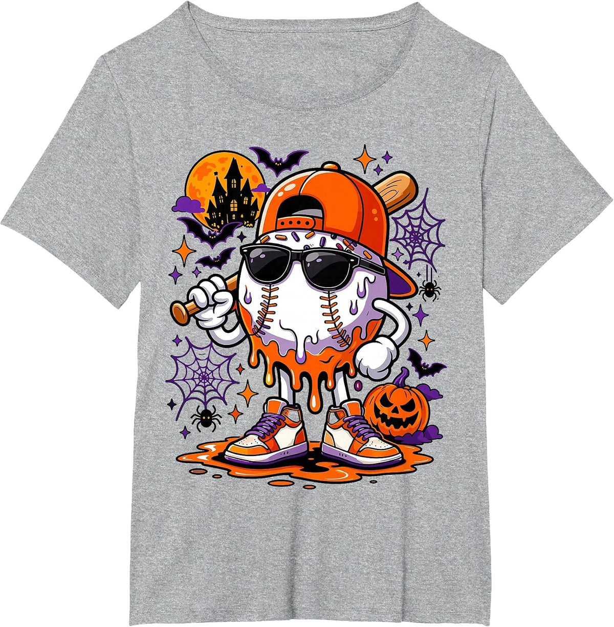 Baseball Drip for Boys Ice Cream Drip Baseball Halloween T-Shirt - Heather Grey