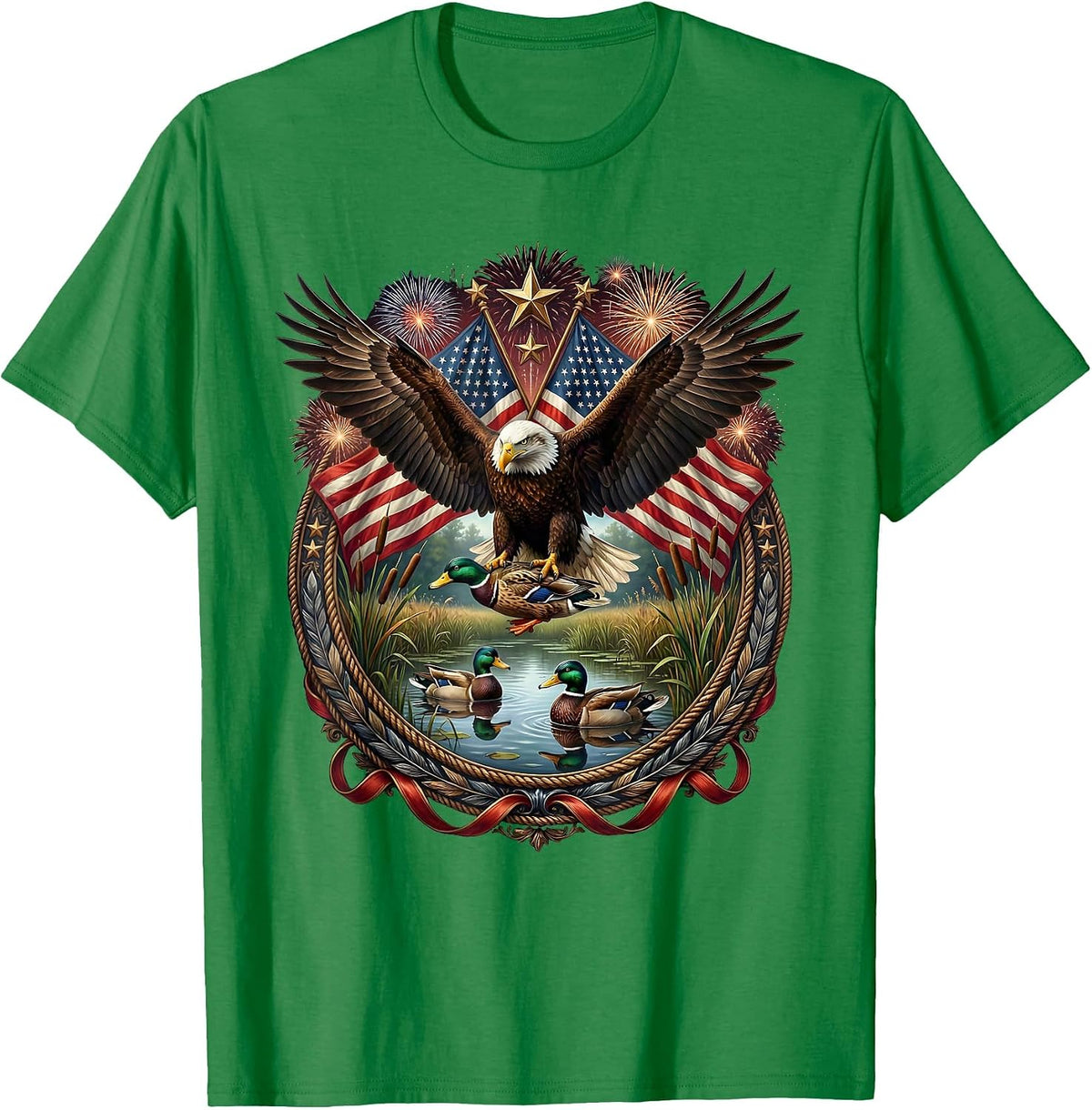 Men's Duck Decoys on Glassy Marsh Water Hunting Camo T-Shirt - Kelly Green
