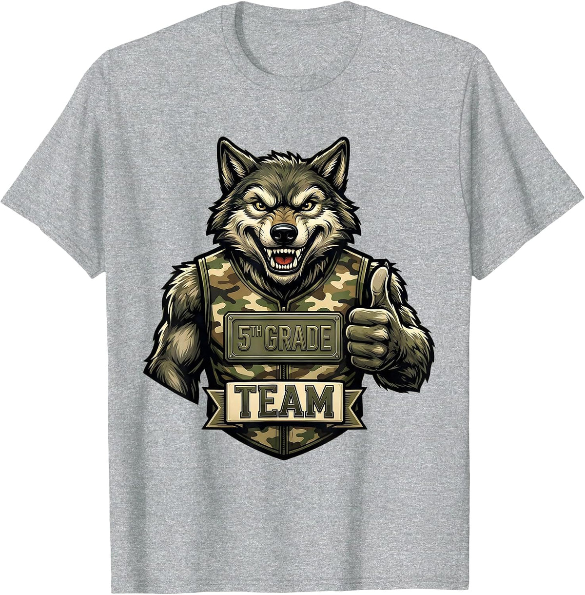 Men's 5TH GRADE TEAM Retro Camo Wolf Back To School Boy T-Shirt - Heather Grey
