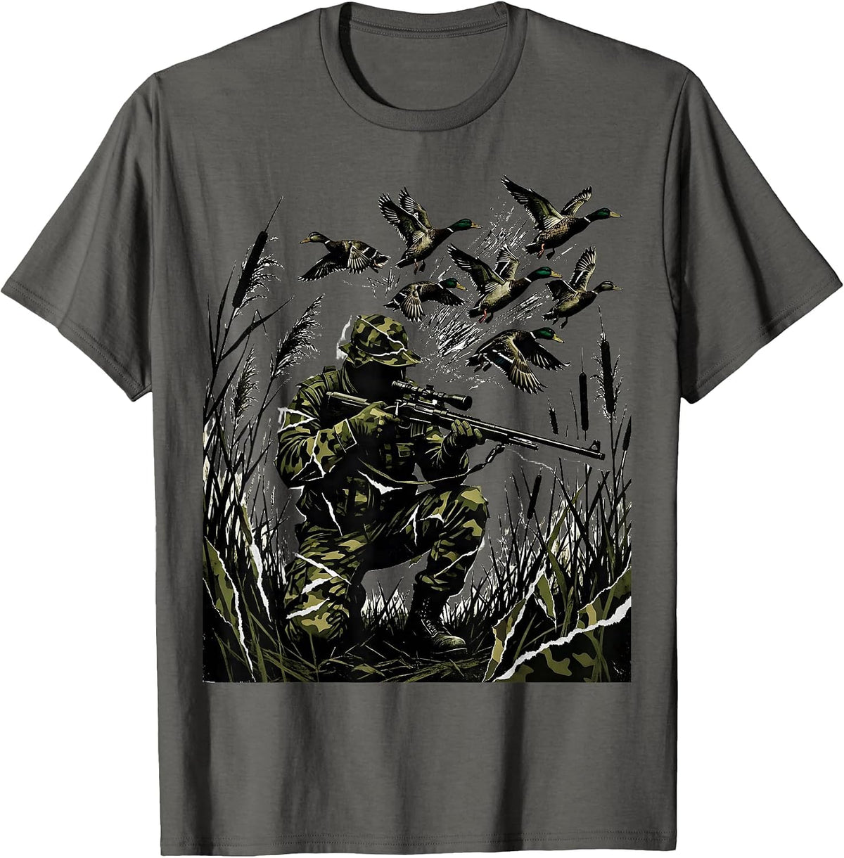 Camo Duck Hunter in the Reeds Illustration T-Shirt - Asphalt Grey