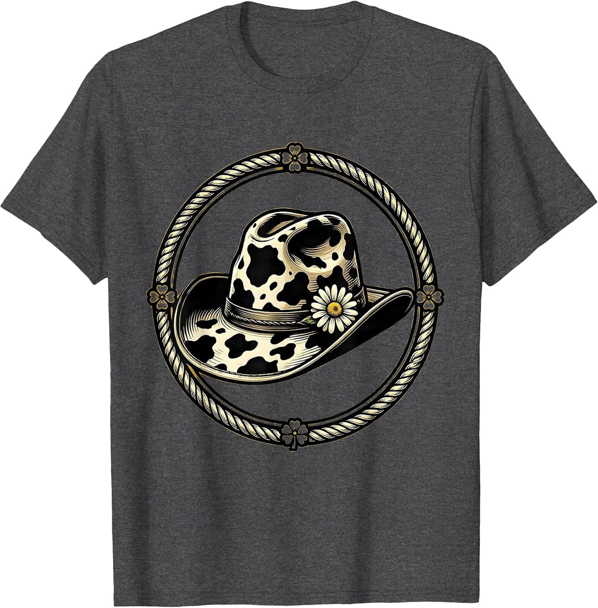 Men's Cow Print Cowboy Hat With Daisy Illustration T-Shirt - Dark Heather Grey