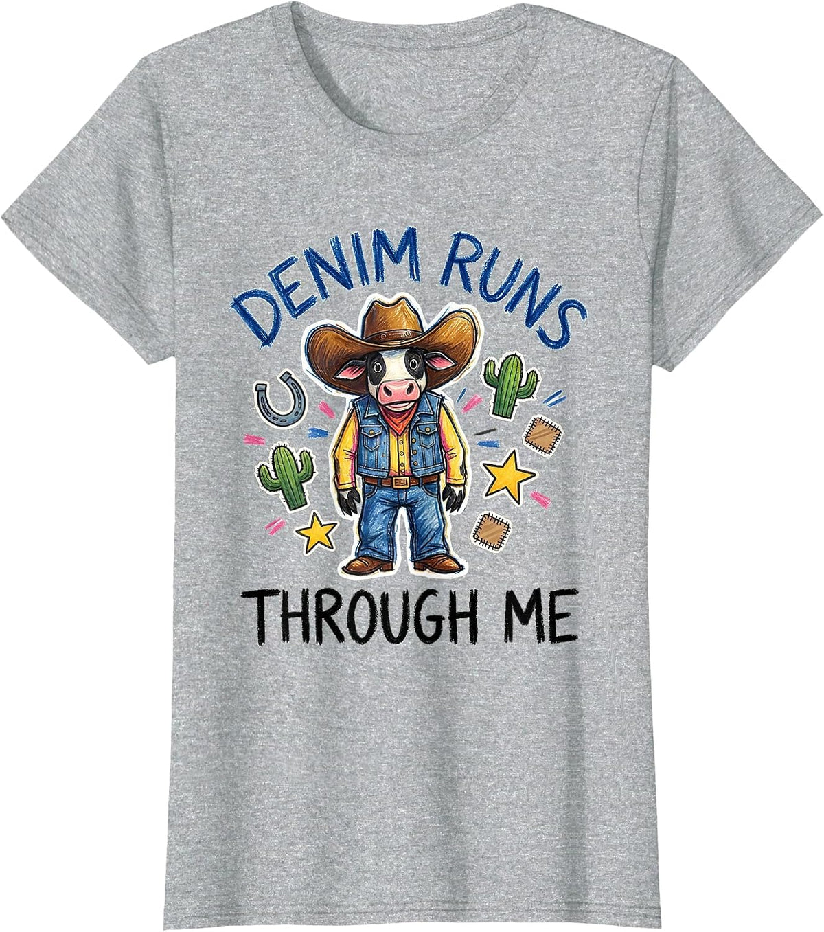 Denim Runs Through Me Cowgirl Design T-Shirt - Heather Grey
