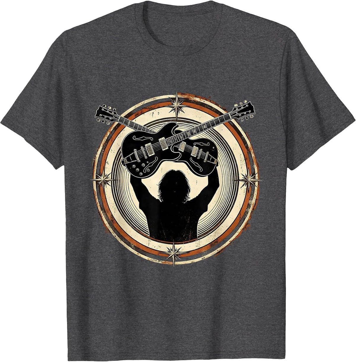 Men's Double-Neck Guitar Silhouette Rock Music Design T-Shirt - Dark Heather Grey