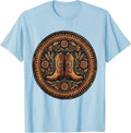 Men's Cowboy Boots with Spurs on Worn Wood Design T-Shirt - Baby Blue