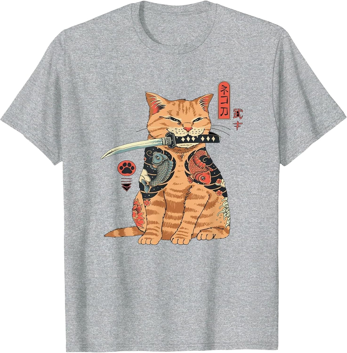 Japanese Samurai Ninja Cat Kawaii Tattoo Graphic T-Shirt - Heather Grey