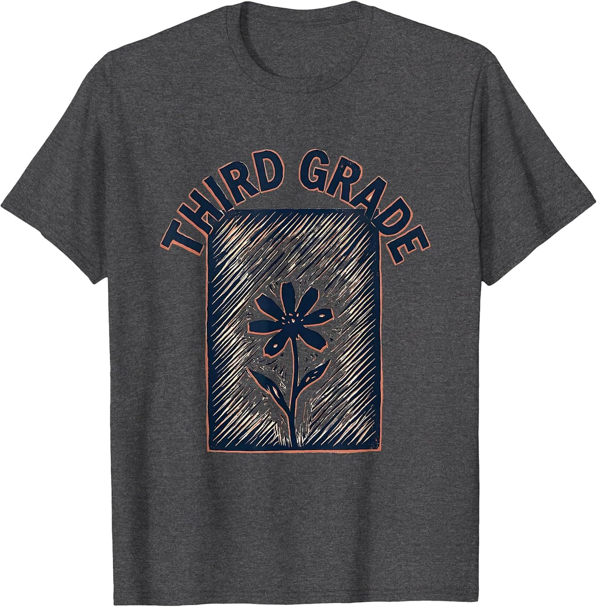 Third Grade Linocut Floral Back To School Teacher Gift T-Shirt - Dark Heather Grey