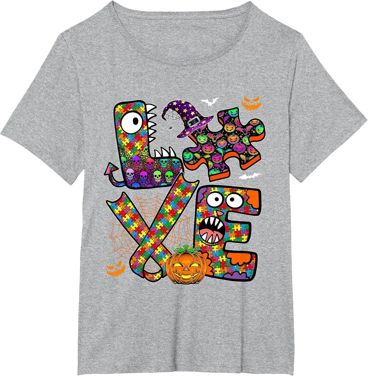 Love Halloween Proud Horror Puzzle Pieces Autism Awareness T-Shirt - Heather Grey