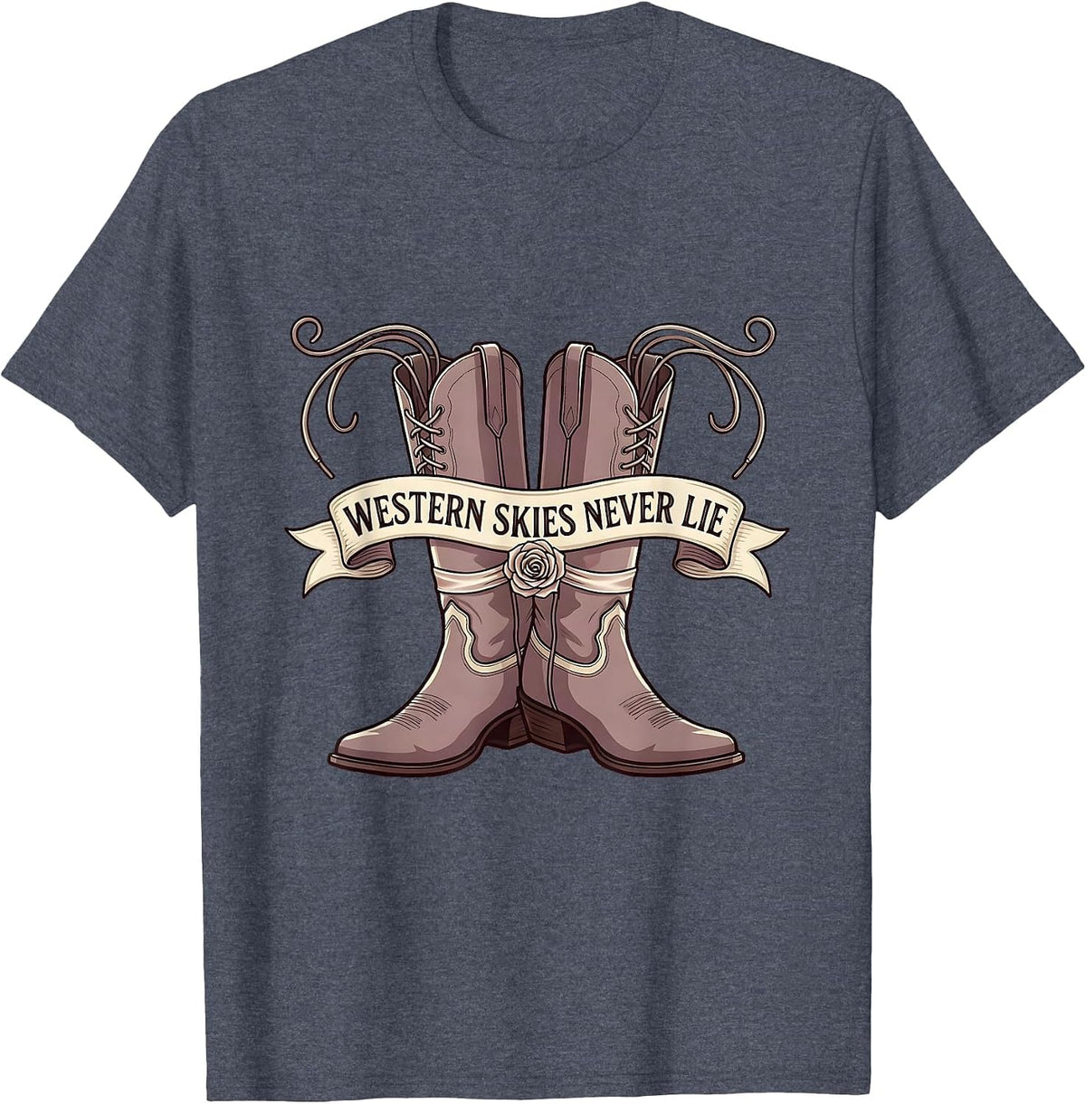 Western Skies Never Lie Cowgirl Design T-Shirt - Heather Blue