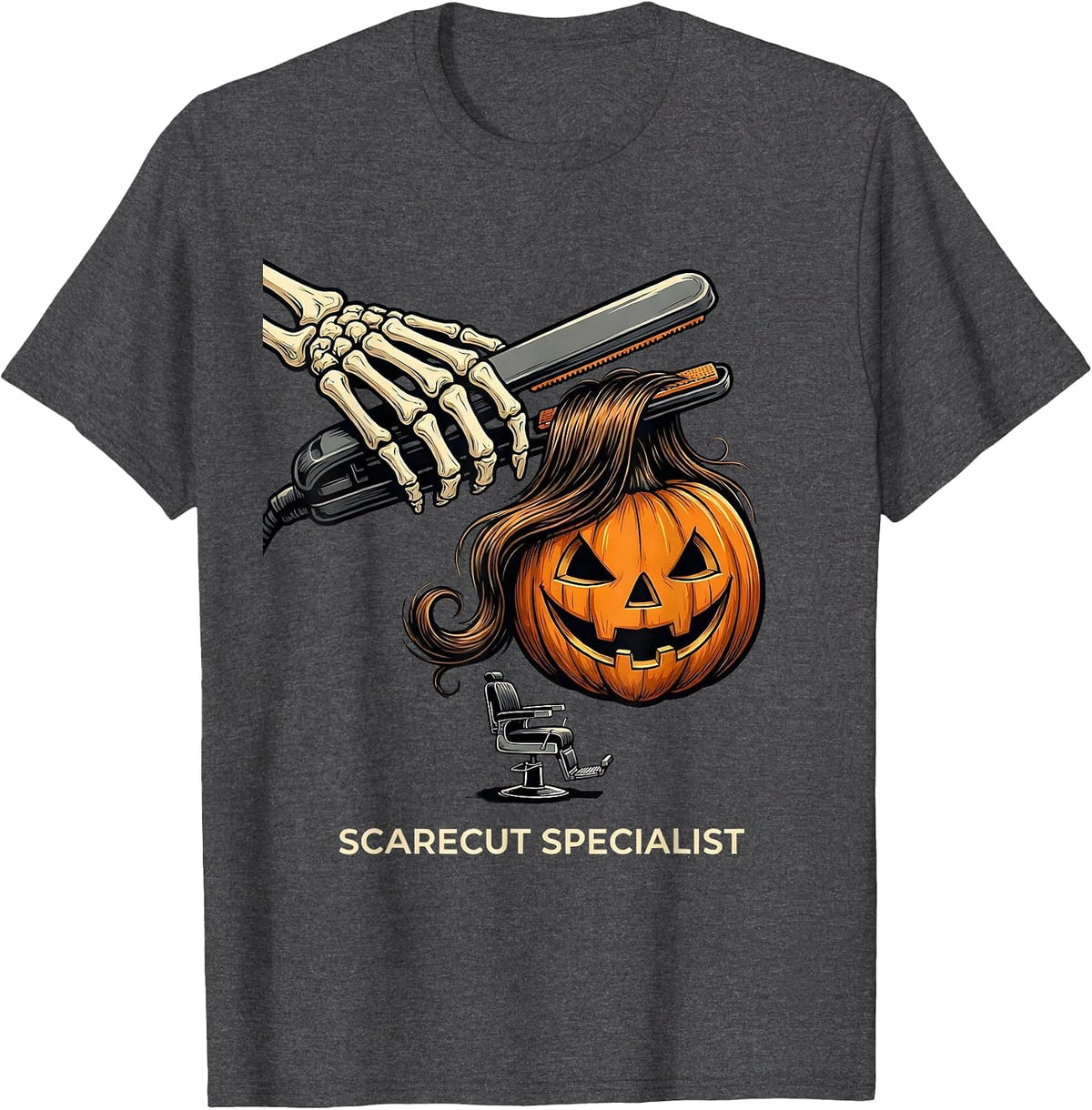 Men's Scarecut Specialist Funny Skeleton Hairstylist Halloween T-Shirt - Dark Heather Grey