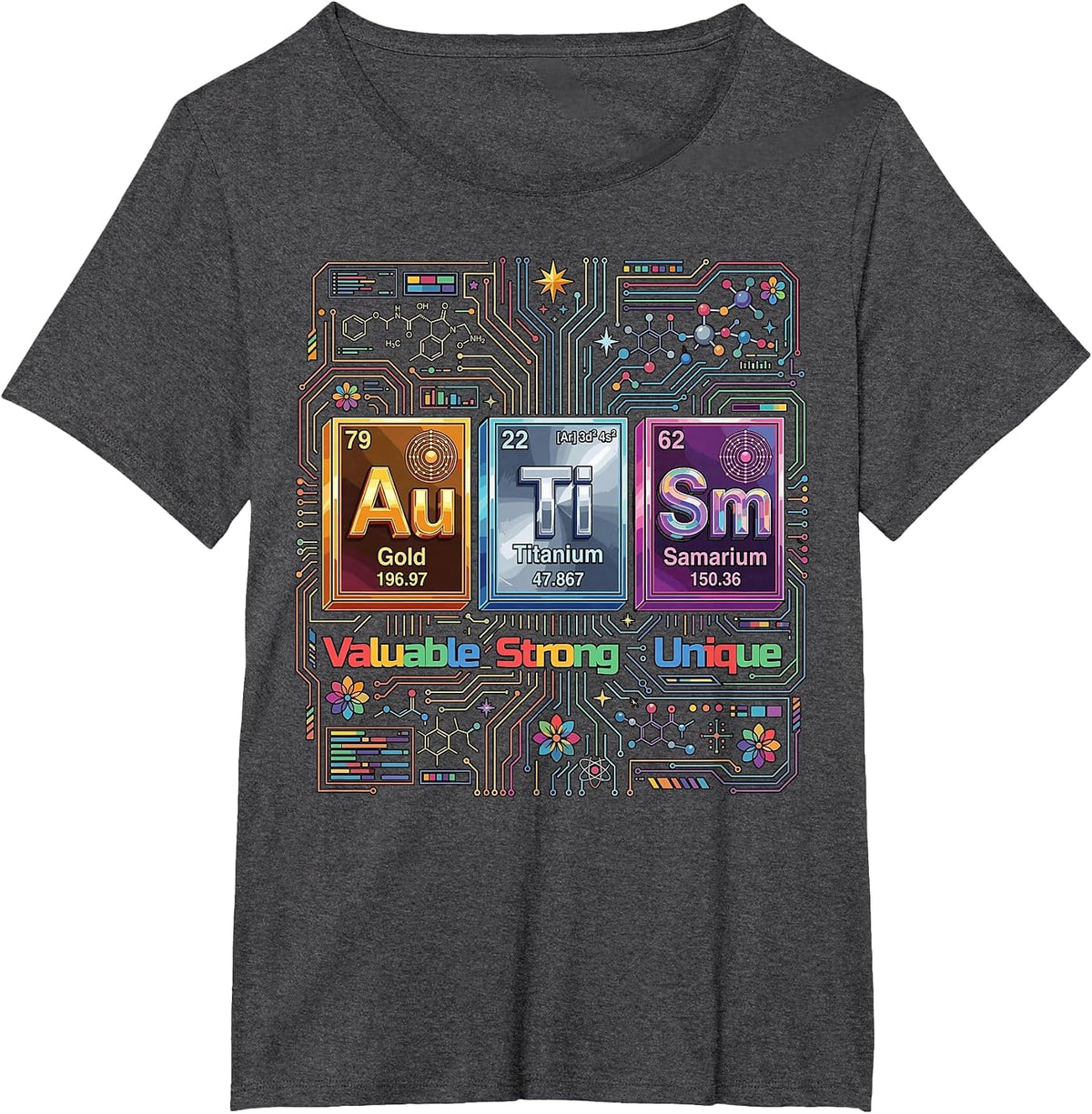 Autism Awareness Elements Periodic Table ASD Unique Strong T-Shirt - Dark Heather Grey