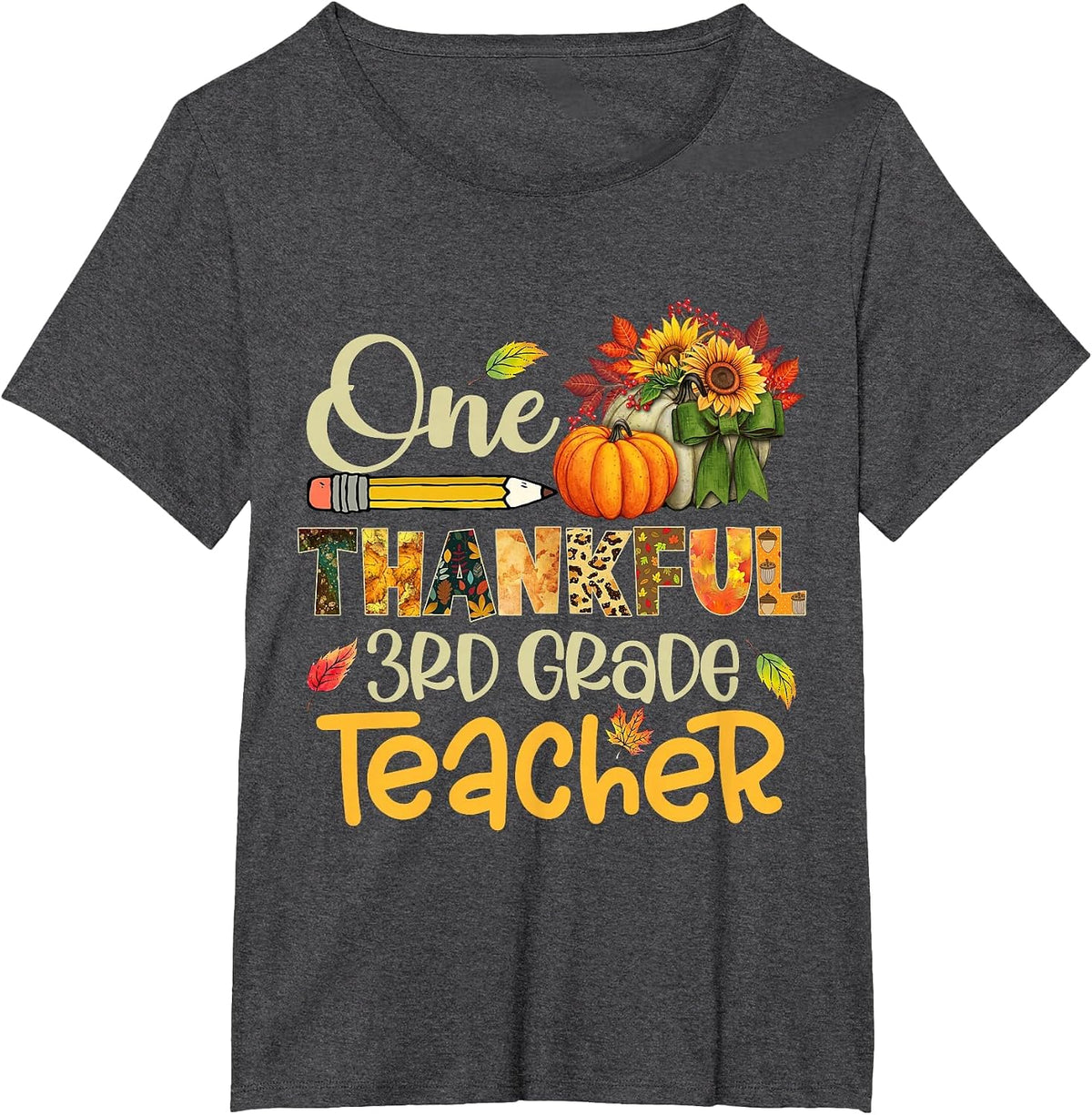 One Thankful 3rd Grade Teacher Pumpkin Fall Thanksgiving T-Shirt - Dark Heather Grey