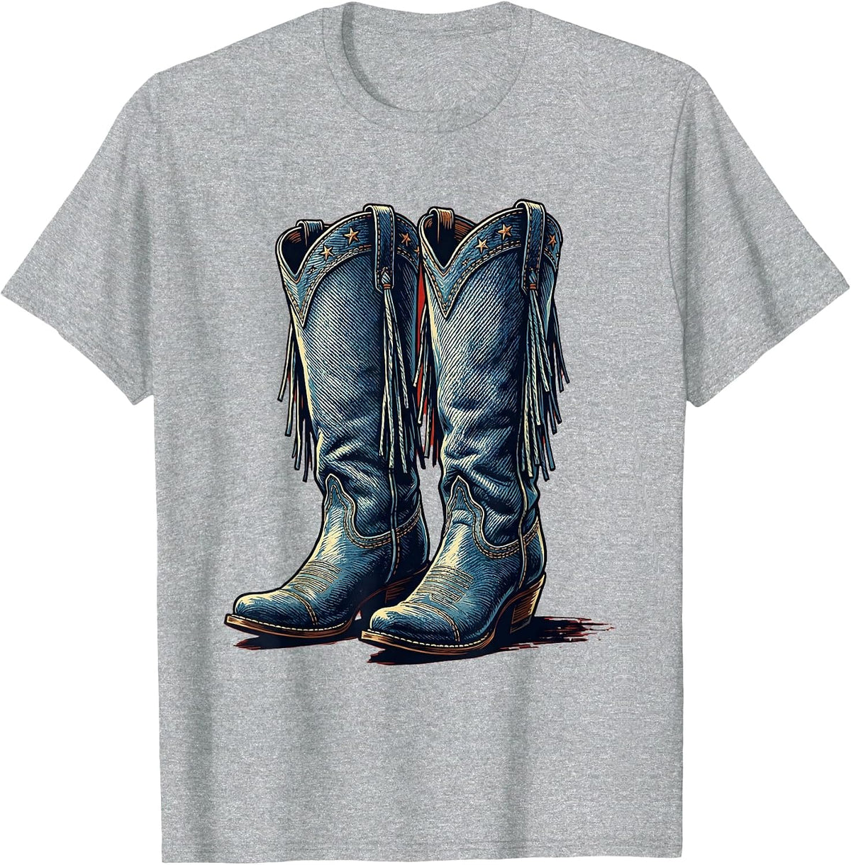 Men's Denim Cowgirl Boots with Fringe Illustration T-Shirt - Heather Grey
