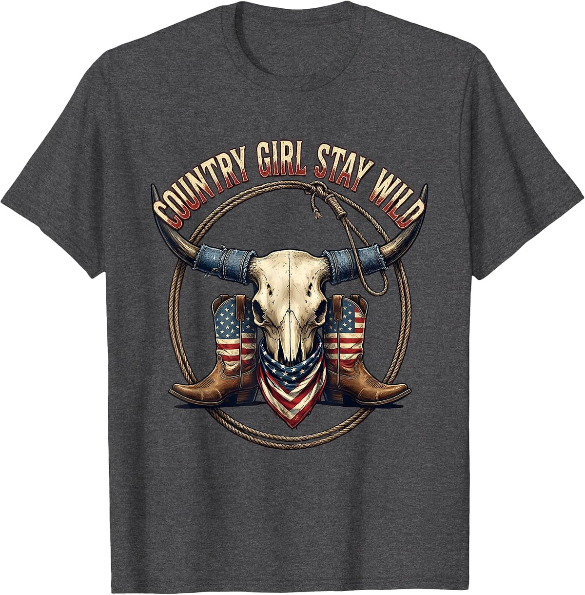 Country Girl Stay Wild Denim Cowgirl Design T-Shirt - Dark Heather Grey