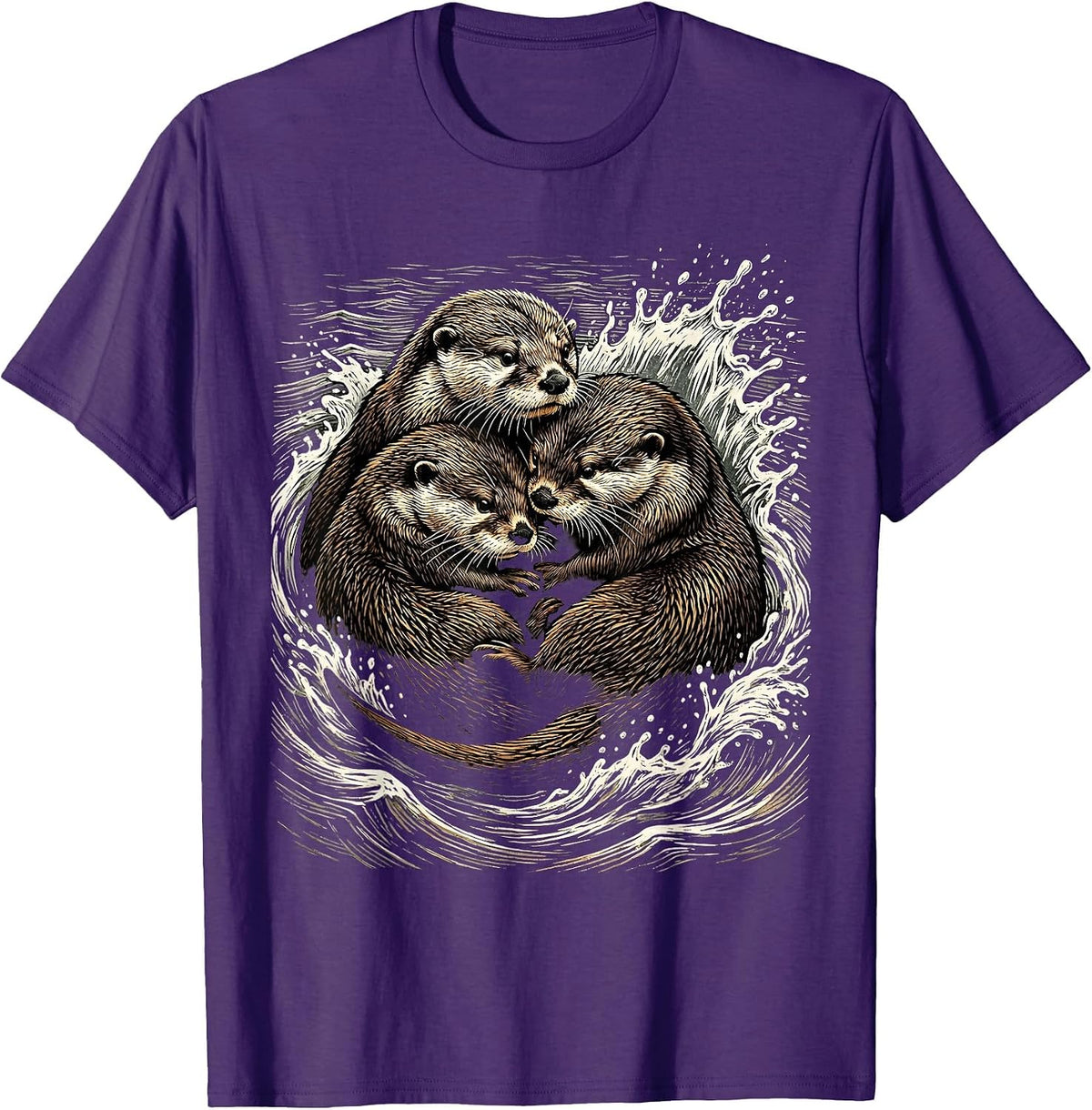 Men's Otter Family in River Current Graphic T-Shirt - Purple