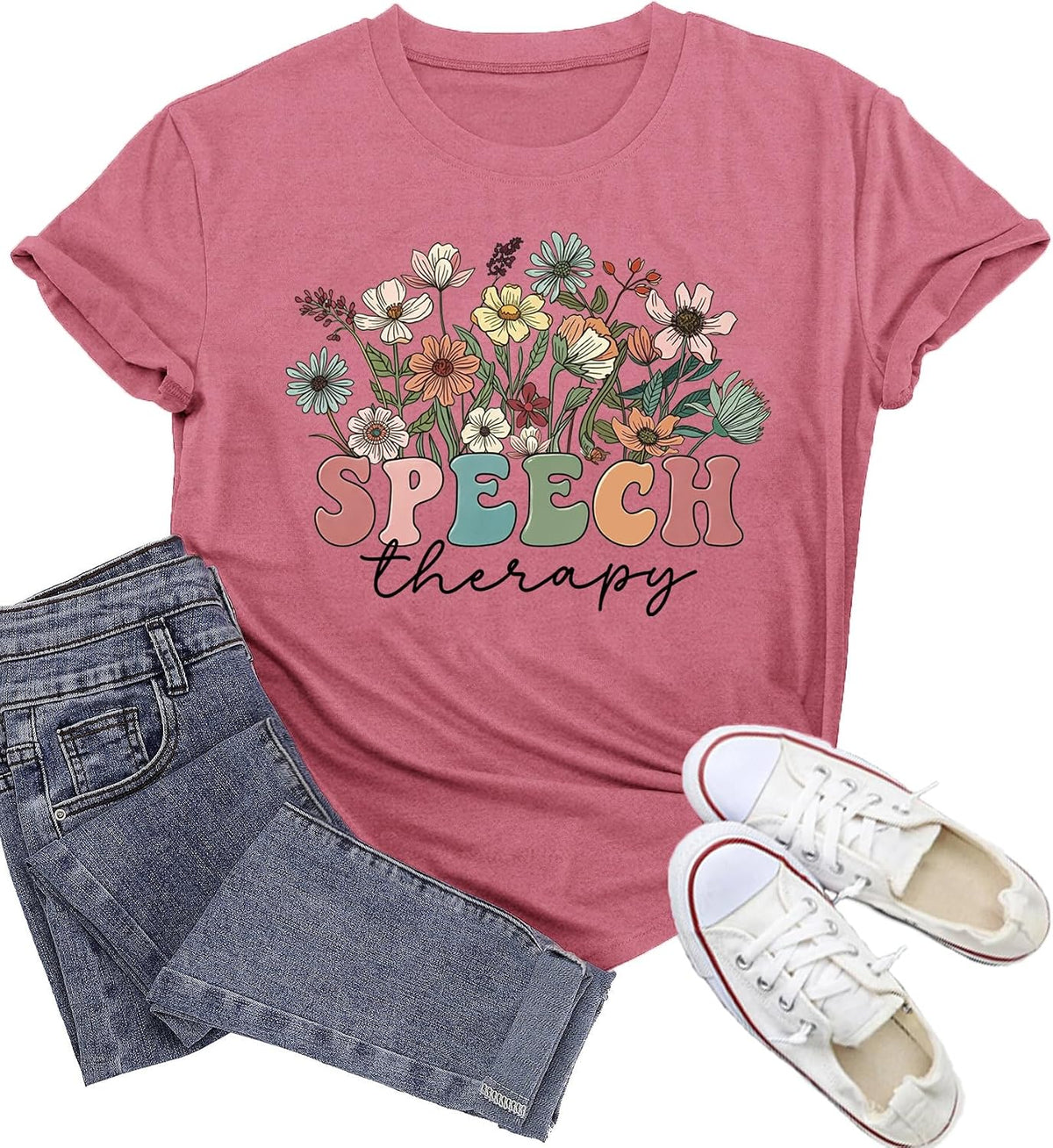 Womens Speech Therapy Shirt Speech Language Pathologist T-Shirts Floral SLP Professionals Tee Tops - Pink