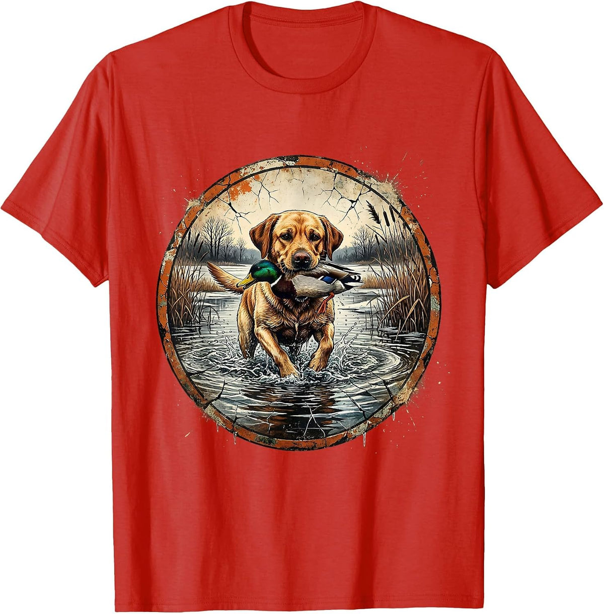 Men's Duck Hunting Dog Retriever Icy Water Illustration T-Shirt - Red