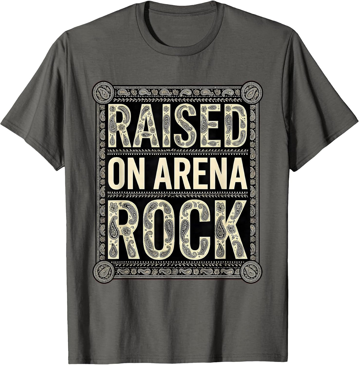 Men's Raised on Arena Rock 80s Band Music Design T-Shirt - Asphalt Grey
