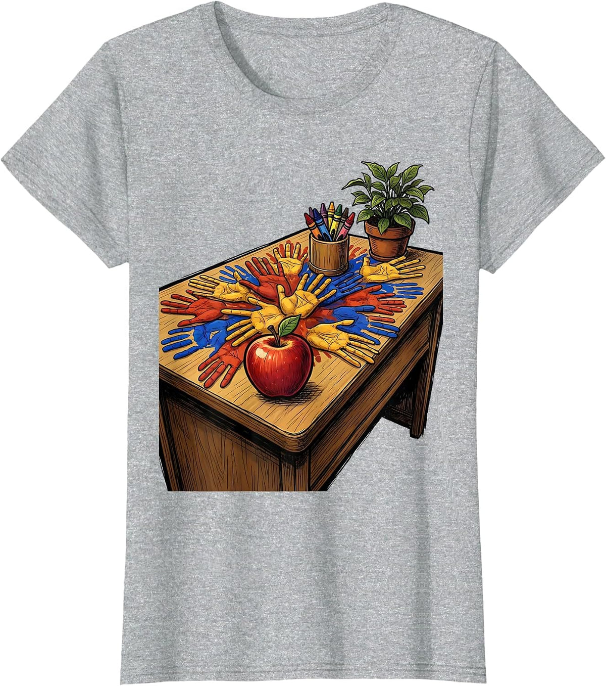 Third Grade Teacher Tiny Handprints Desk Design T-Shirt - Heather Grey