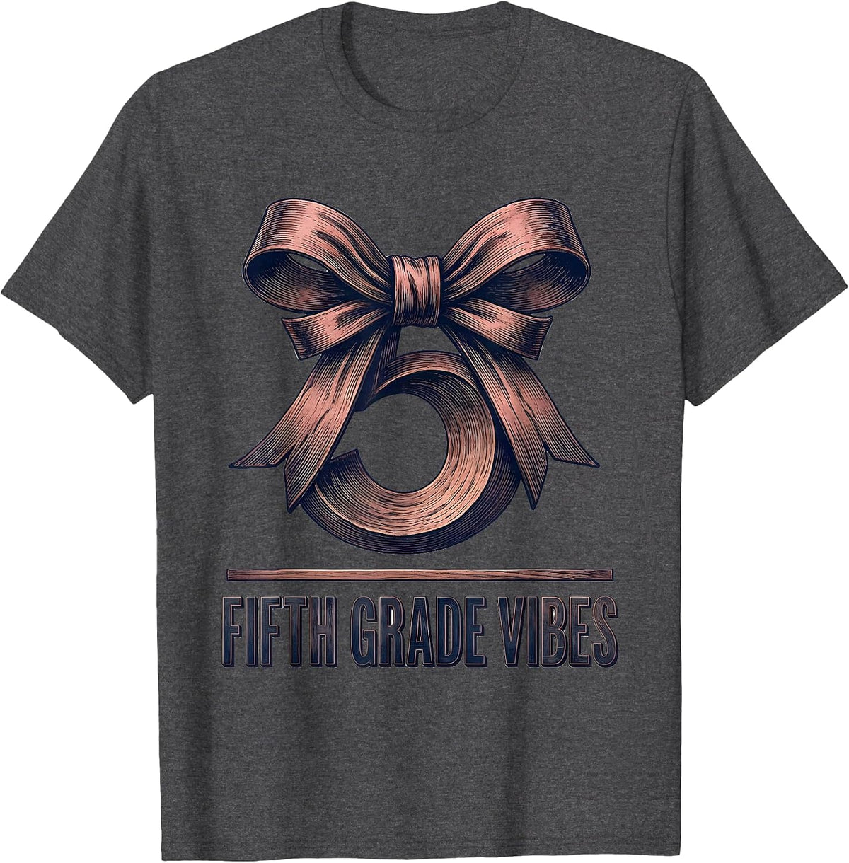 Fifth Grade Vibes Wood Type Letterpress Back to School Bow T-Shirt - Dark Heather Grey