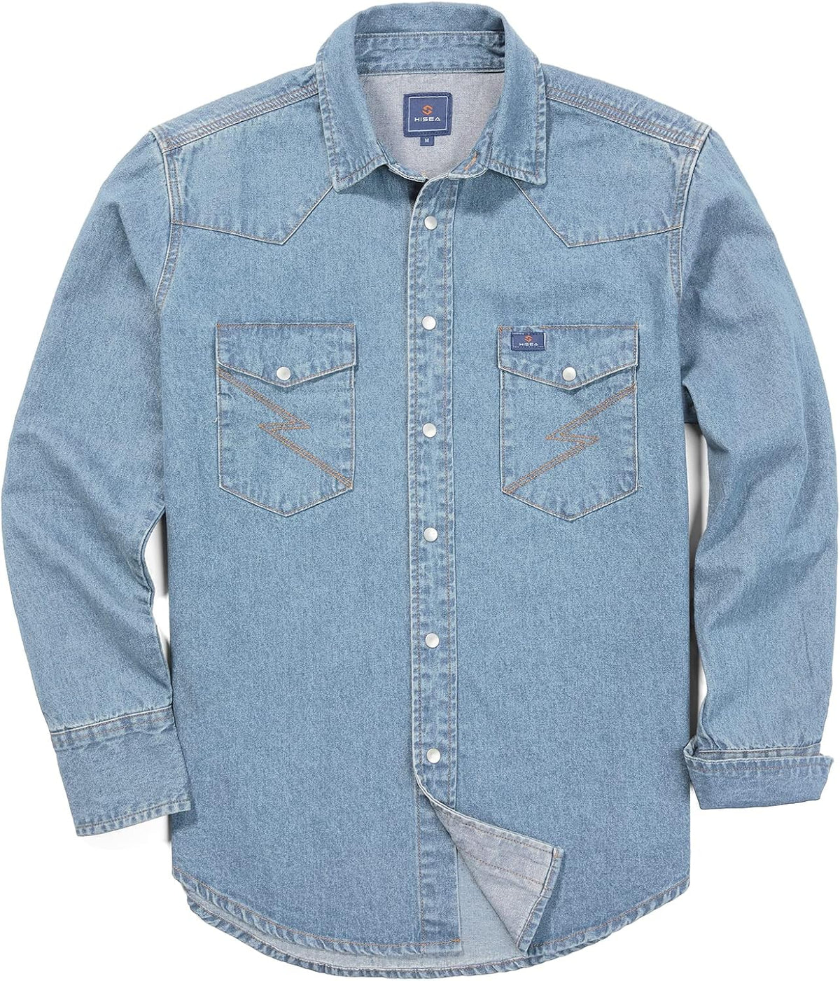 HISEA Men's Denim Shirt Long Sleeve, Button Down Work Shirt, Regular Fit - Stone Washed Blue