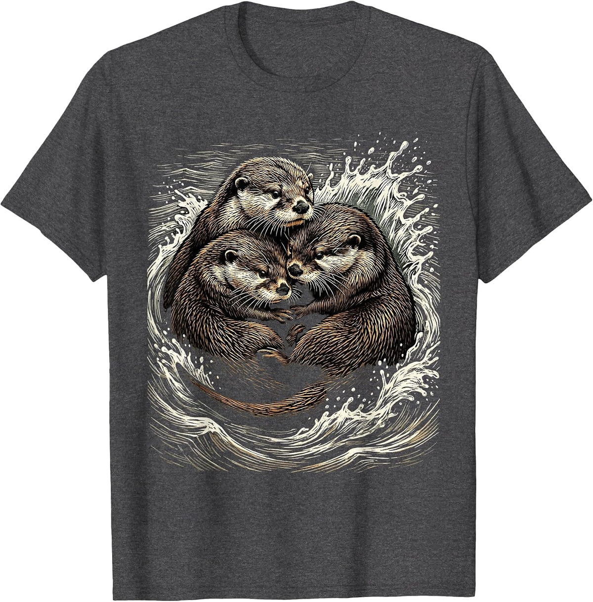Men's Otter Family in River Current Graphic T-Shirt - Dark Heather Grey