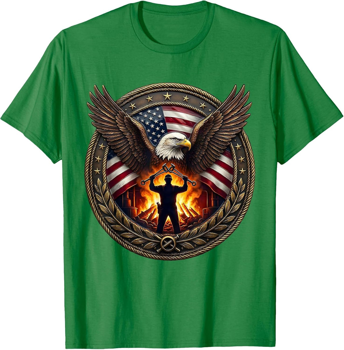 Men's Steel Mill Worker Silhouette Patriotic Fire Art T-Shirt - Kelly Green