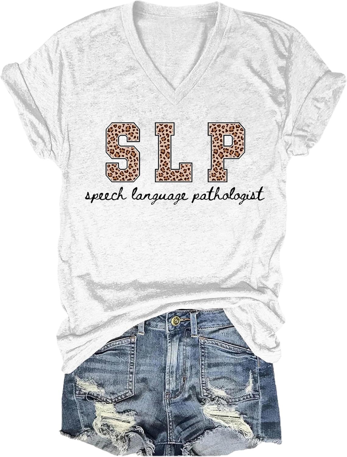 Speech Therapy Shirt Speech Language Pathologist SLP T-Shirt Leopard SLP Therapy Shirts for Women Graphic Tees - V-Neck