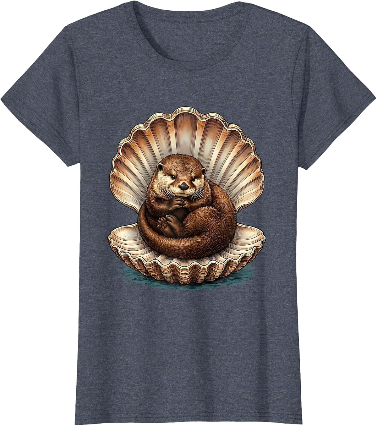 Women's Otter Curled in Giant Clamshell Illustration T-Shirt - Heather Blue