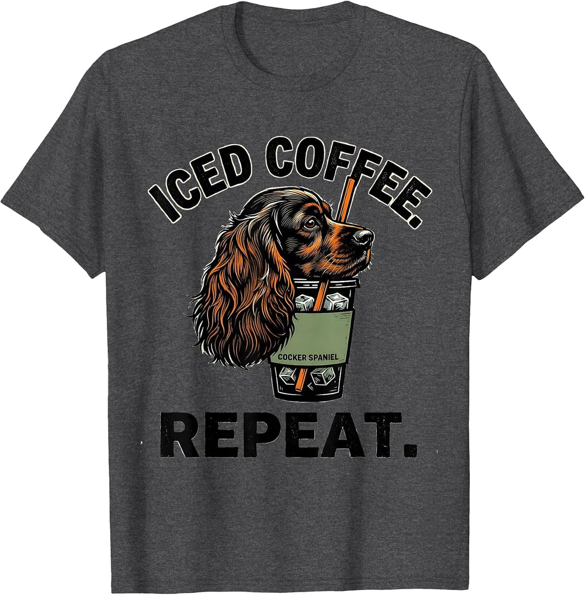 Men's Iced Coffee Cocker Spaniel Repeat Funny Dog Lover Linocut T-Shirt - Dark Heather Grey