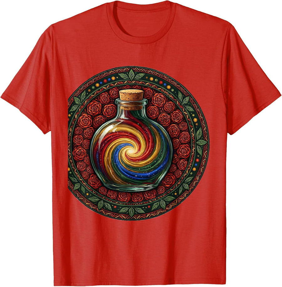 Men's Rainbow Galaxy Swirling in a Glass Bottle Art T-Shirt - Red