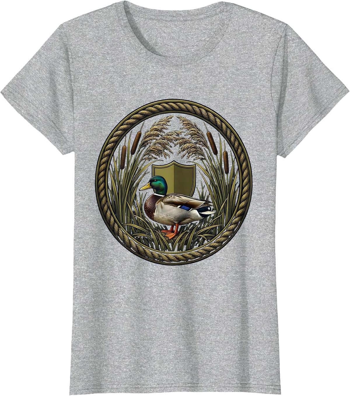 Women's Duck Blind Cattails Hidden Hunting Illustration T-Shirt - Heather Grey