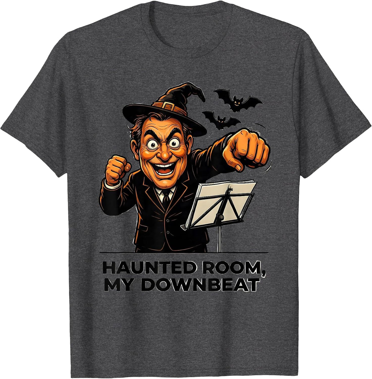 Haunted Room My Downbeat Cartoon Ghost Music Teacher T-Shirt - Dark Heather Grey