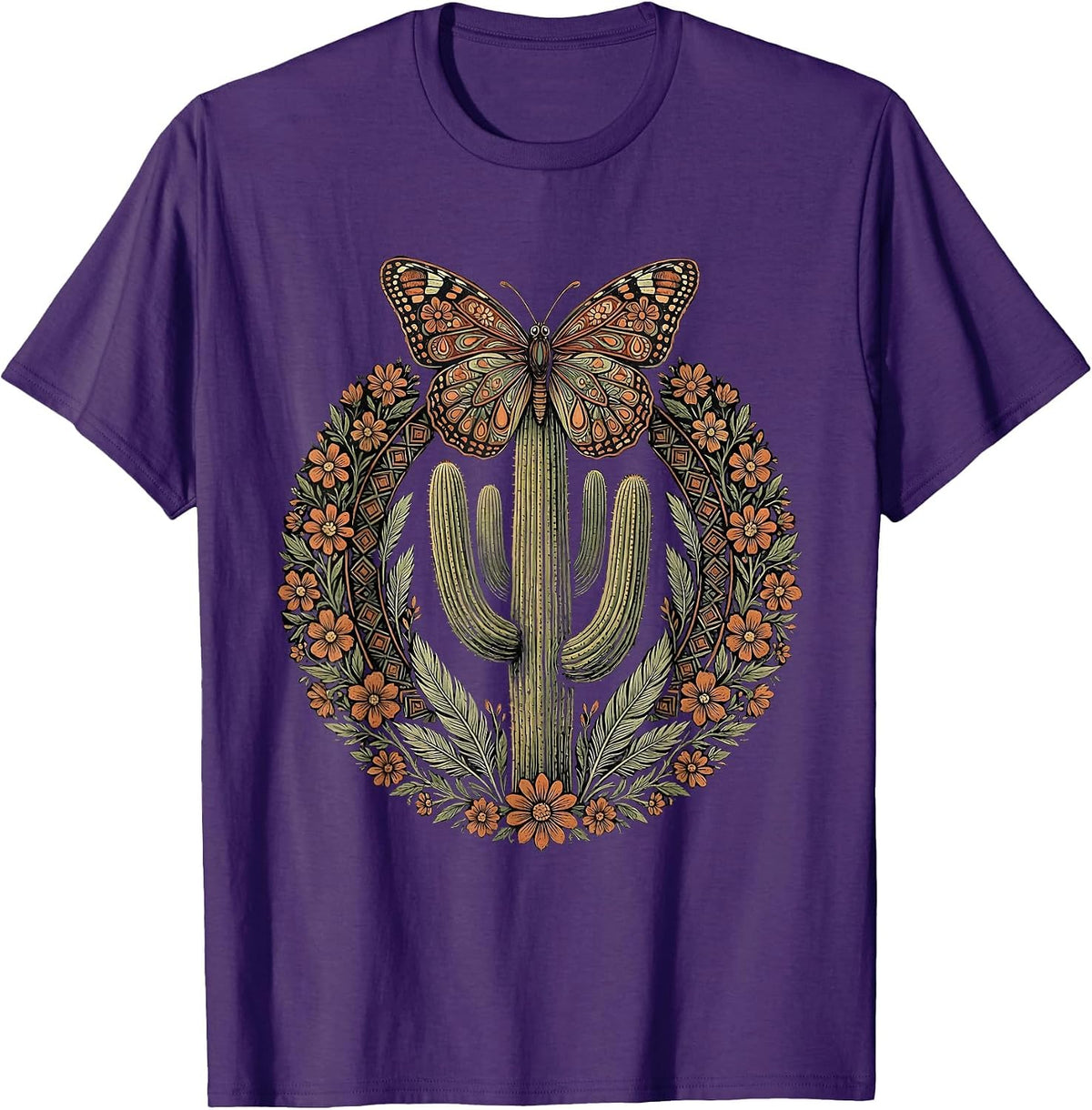 Men's Butterfly on Cactus Spine Western Desert Art T-Shirt - Purple