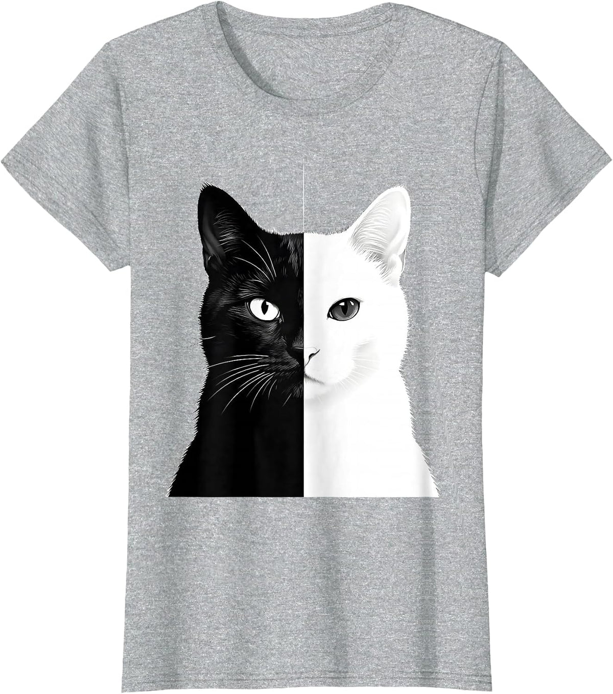 Cat Face Day and Night Split Illustration T-Shirt - Heather Grey