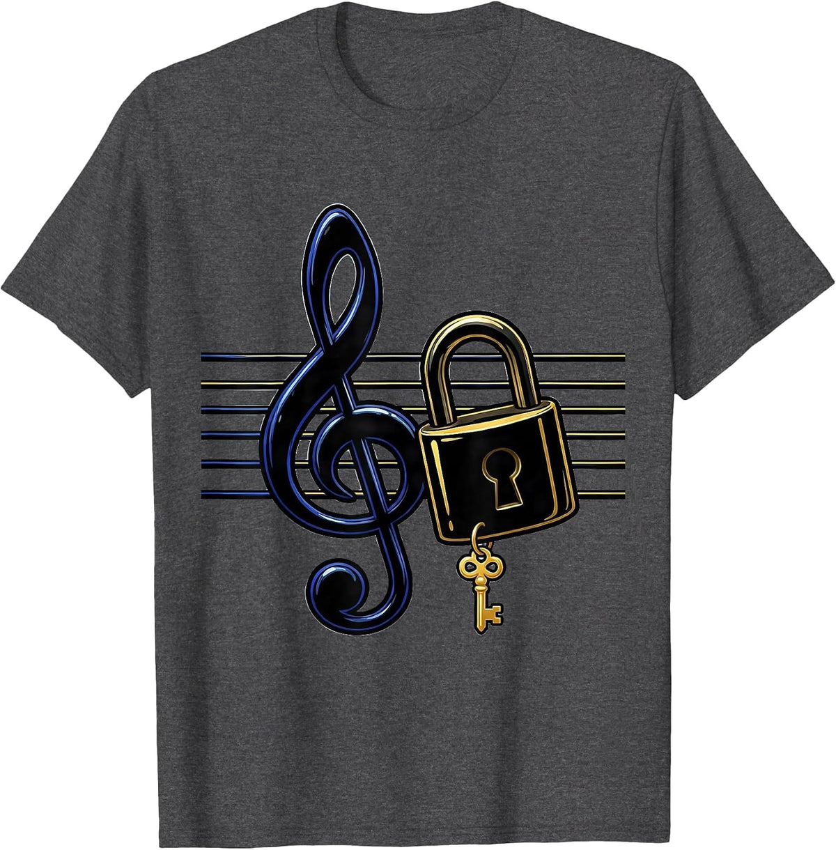 Cartoon Treble Clef Padlock Music Lover Humor T-Shirt - Dark Heather Grey