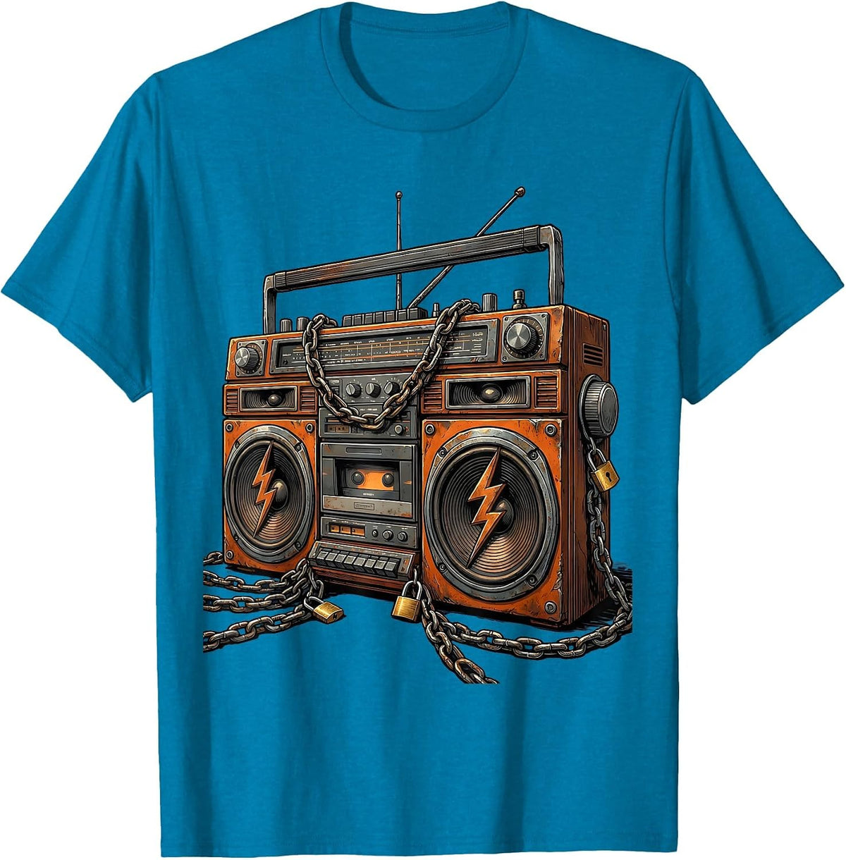 Chained Boom Box Old School Rock Graphic Tee T-Shirt - Sapphire Blue