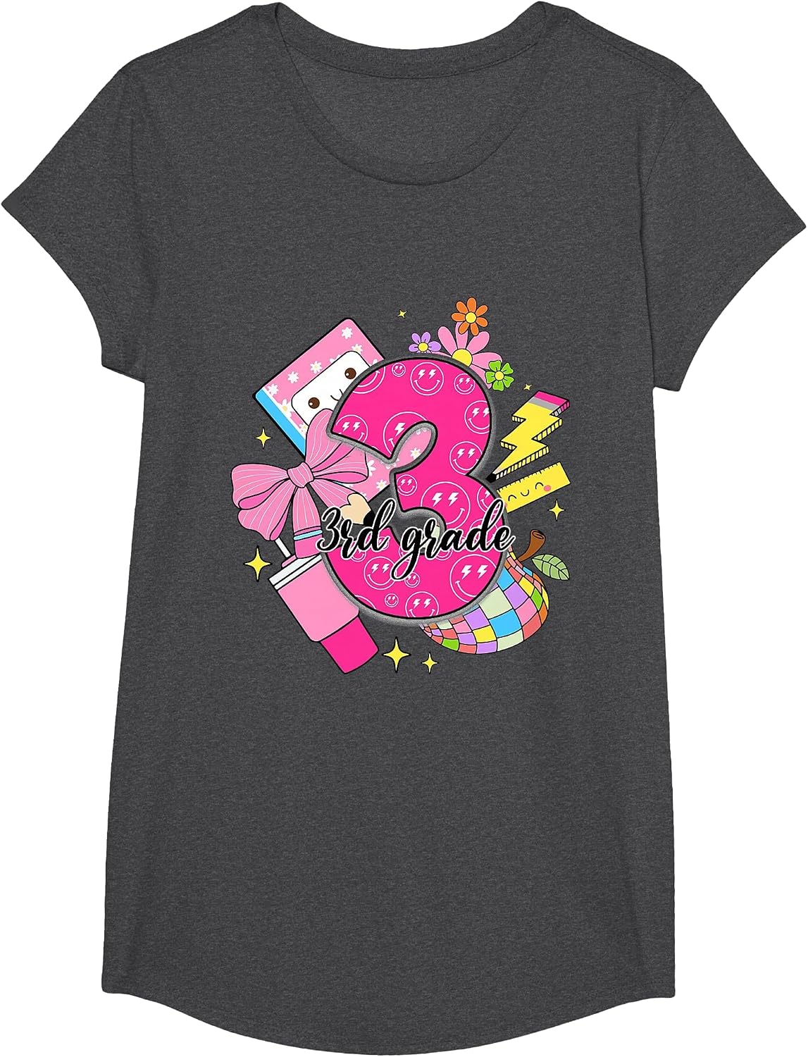 3rd Grade Back to School Teacher Girl Coquette Bow T-Shirt - Girls Dark Heather Grey
